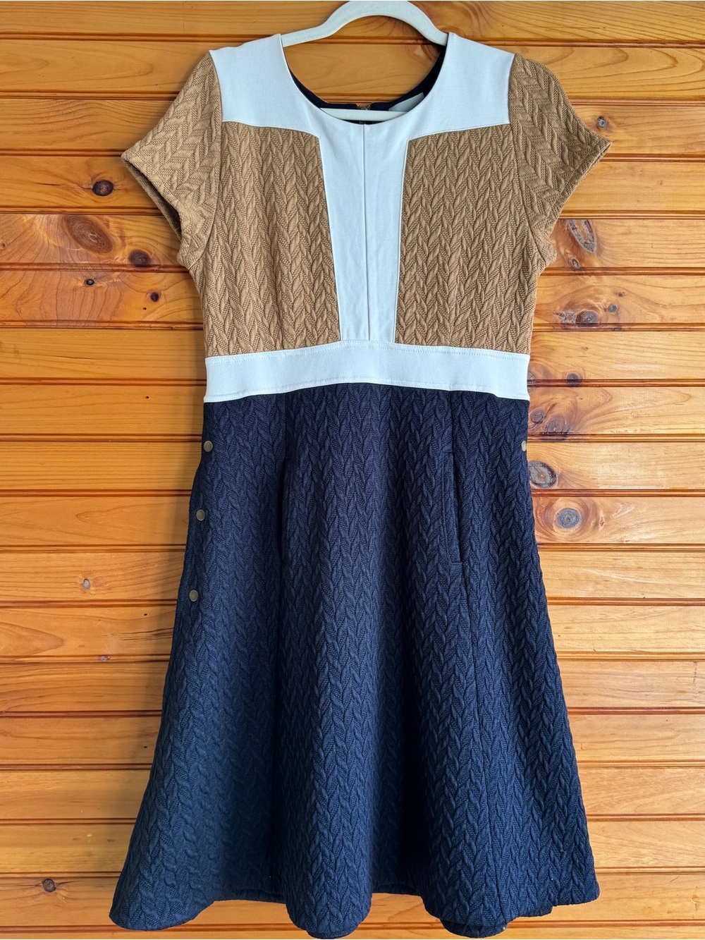 Anthropologie Maeve Cabled Colorblock Fit Flare Dress Pockets Navy 10 - Picture 2 of 16
